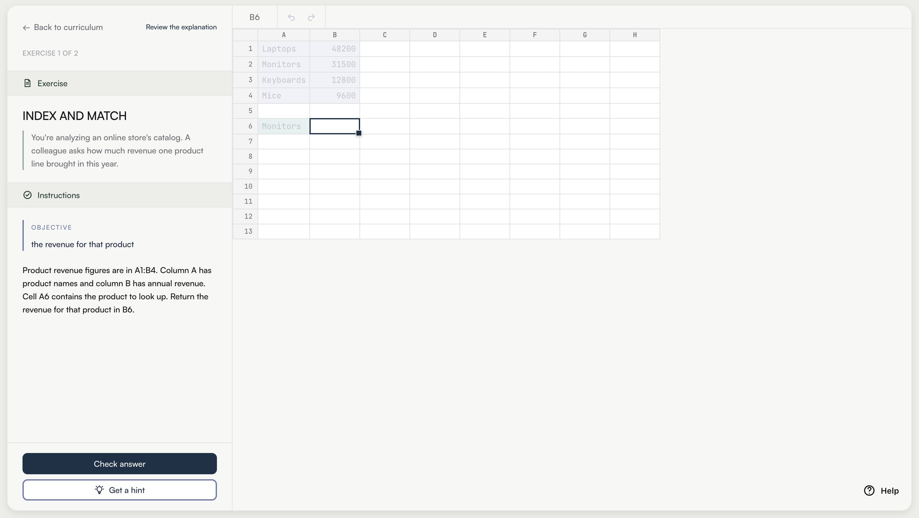 Interface d’exercice INDEX et MATCH dans Calcu